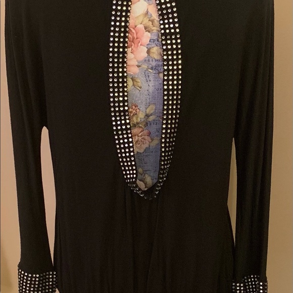 AKIRA OPEN BACK BLACK DRESS WITH RHINESTONE EMBELLISHED SLEEVES AND BACK. - Picture 2 of 7